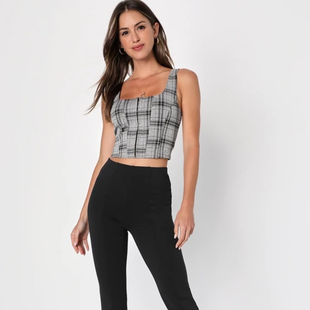 NWT Lulus Trendy Edge Grey Plaid Cropped Corset Tank Top